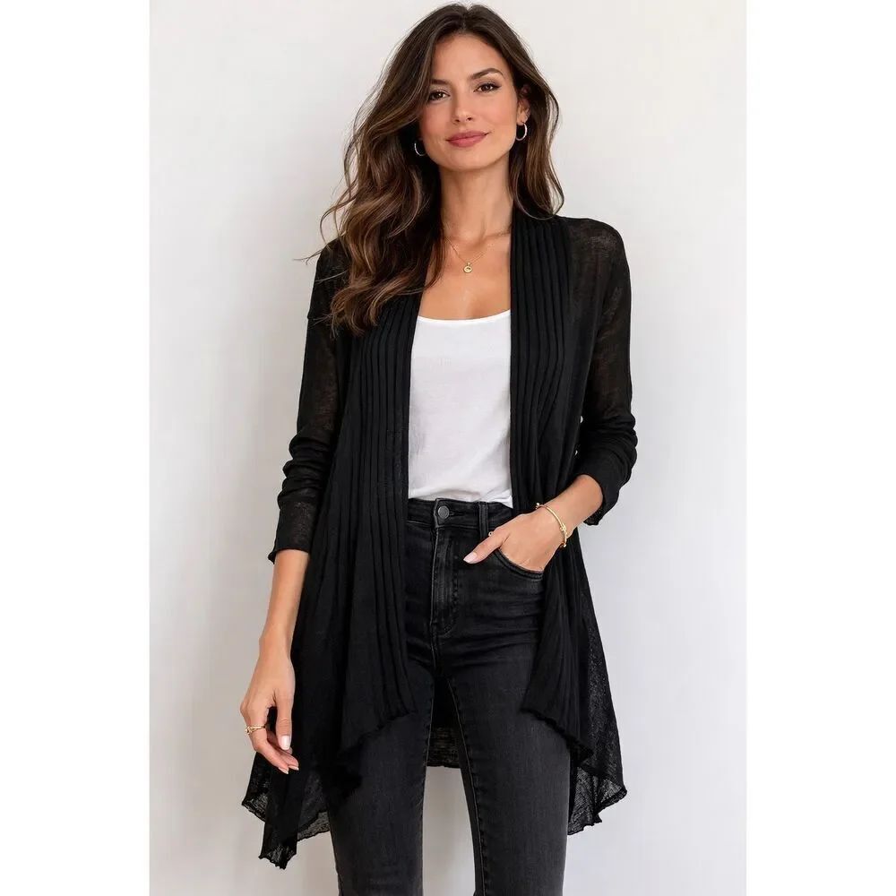 Eileen Fisher Black Hemp Sheer Open Front Cardigan M